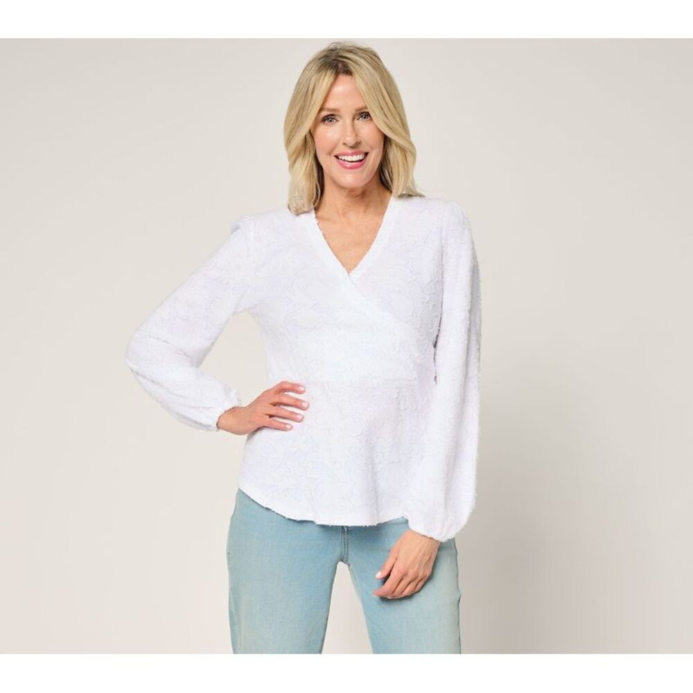 Studio Park Women's Top Sz S x Terri Conn Faux Wrap Textured Knit White A691457